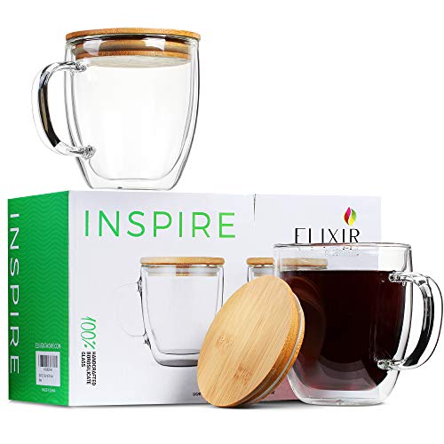 Amazon.com | Large Glass Coffee Mugs with Bamboo Lids, 16 oz - Set of 2 Clear, Double Wall Glasses with Handle, Insulated Cups for Tea, Latte, Cappuccino - Microwave Safe: Coffee Cups & Mugs