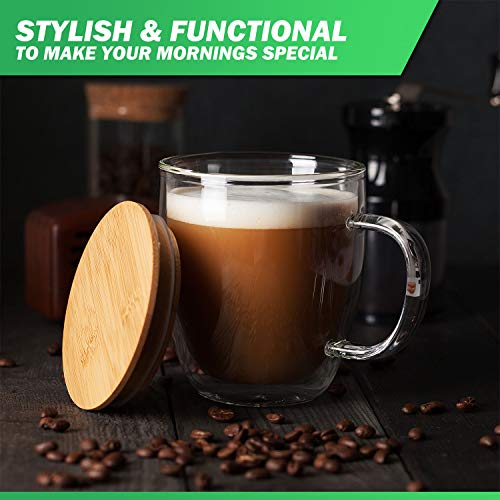 Amazon.com | Large Glass Coffee Mugs with Bamboo Lids, 16 oz - Set of 2 Clear, Double Wall Glasses with Handle, Insulated Cups for Tea, Latte, Cappuccino - Microwave Safe: Coffee Cups & Mugs