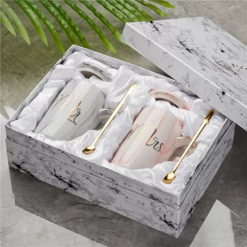 2pcs/lot Mr Mrs Flamingo Couple Cup and Mug Gift Box Ceramic Coffee Mug Marble Pattern Home Drinkware Lovers Gift Wedding Gift