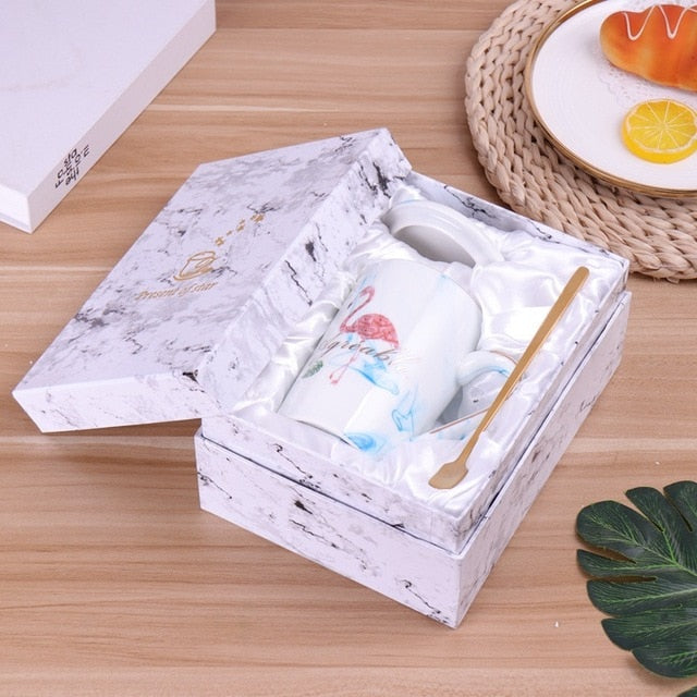 2pcs/lot Mr Mrs Flamingo Couple Cup and Mug Gift Box Ceramic Coffee Mug Marble Pattern Home Drinkware Lovers Gift Wedding Gift
