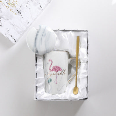 2pcs/lot Mr Mrs Flamingo Couple Cup and Mug Gift Box Ceramic Coffee Mug Marble Pattern Home Drinkware Lovers Gift Wedding Gift
