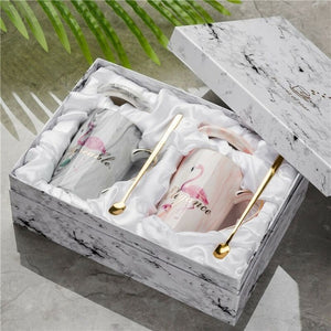 2pcs/lot Mr Mrs Flamingo Couple Cup and Mug Gift Box Ceramic Coffee Mug Marble Pattern Home Drinkware Lovers Gift Wedding Gift