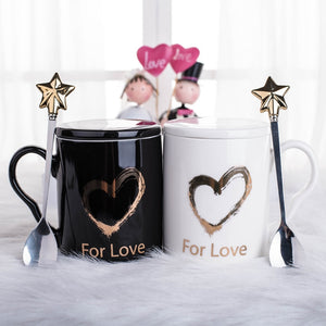 Fashion Cute Couple Loving Heart Ceramics Mugs Black and White Cups Office Coffee Tea Milk Mug Friend Gift Cup with Star Spoon