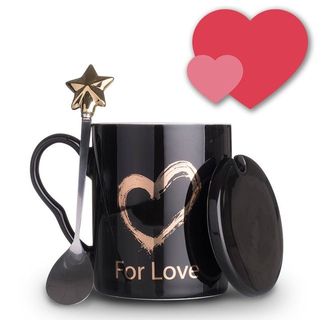 Fashion Cute Couple Loving Heart Ceramics Mugs Black and White Cups Office Coffee Tea Milk Mug Friend Gift Cup with Star Spoon