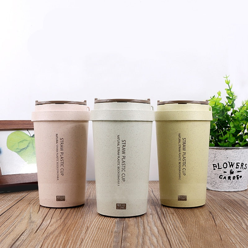 High Quality Pastoral Wheat Fiber Hand  Milk Cups Cola Coffee Cup Student Sport With Cover Accessible Thermo Lid Drinking Water