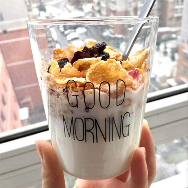 1 pcs Lovely Glass Breakfast Cup Coffee Tea Milk Yogurt Mug Creative Good Morning Mug Gifts 450ml,Glass coffee mug travel cup