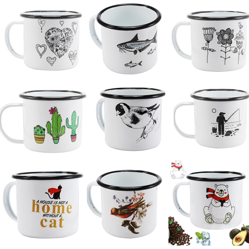 350 ml Enamel Coffee Mug Creative Animal Plant Breakfast Cup Black Roll Rim with Handgrip Milk Tea Cup