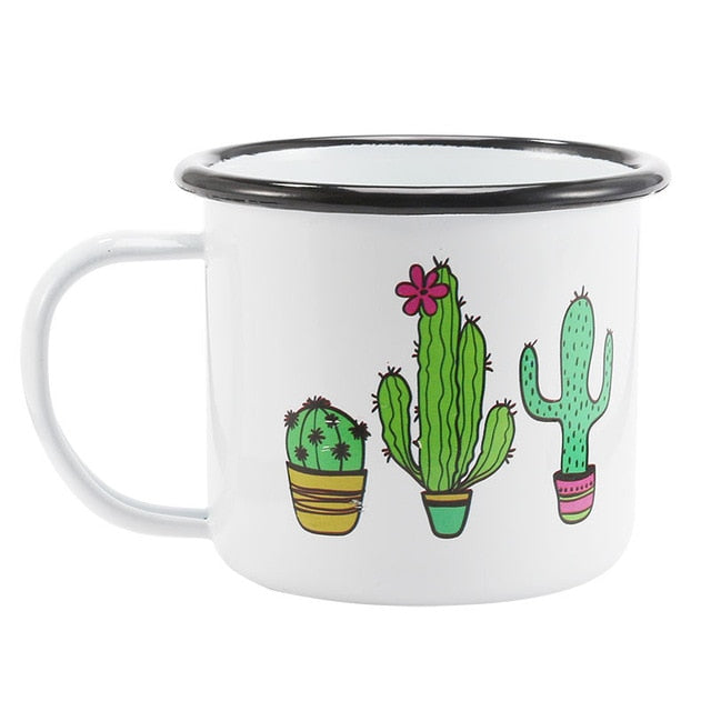 350 ml Enamel Coffee Mug Creative Animal Plant Breakfast Cup Black Roll Rim with Handgrip Milk Tea Cup