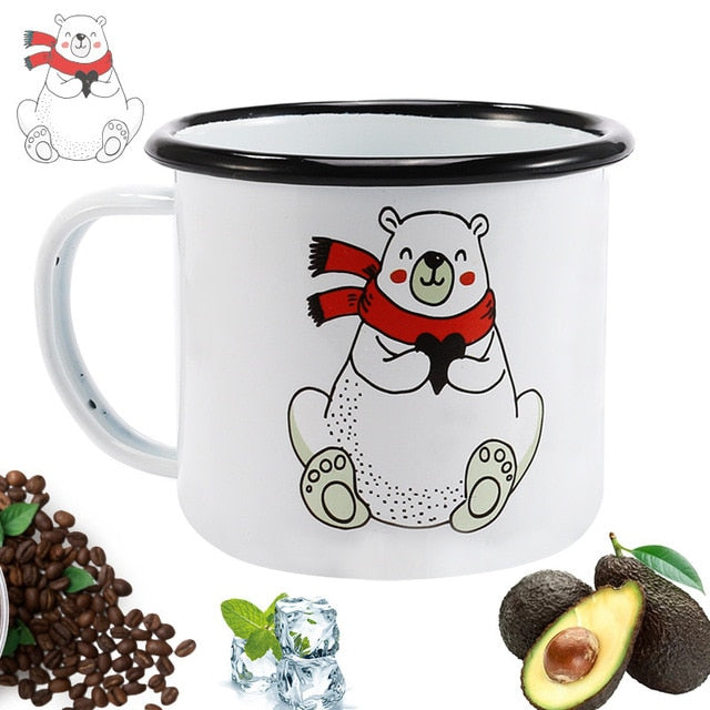 350 ml Enamel Coffee Mug Creative Animal Plant Breakfast Cup Black Roll Rim with Handgrip Milk Tea Cup