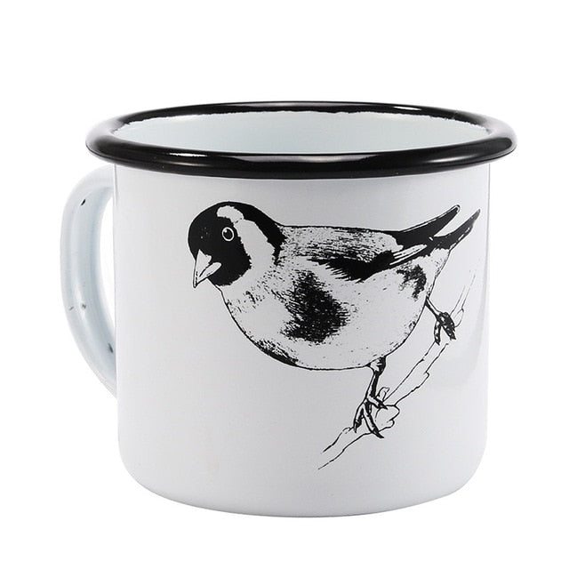 350 ml Enamel Coffee Mug Creative Animal Plant Breakfast Cup Black Roll Rim with Handgrip Milk Tea Cup