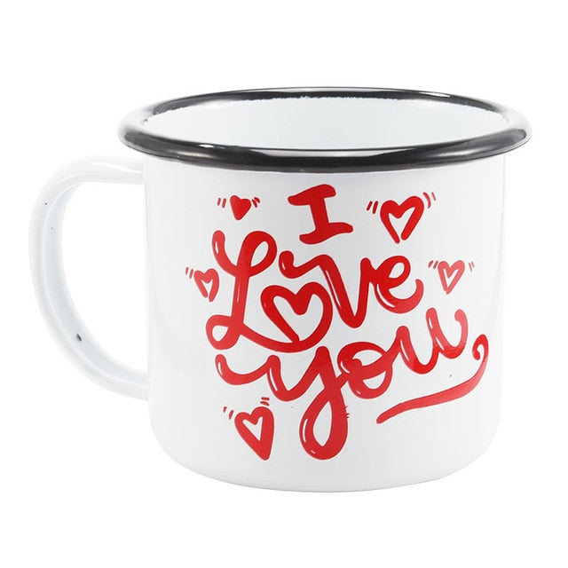 350 ml Enamel Coffee Mug Creative Animal Plant Breakfast Cup Black Roll Rim with Handgrip Milk Tea Cup