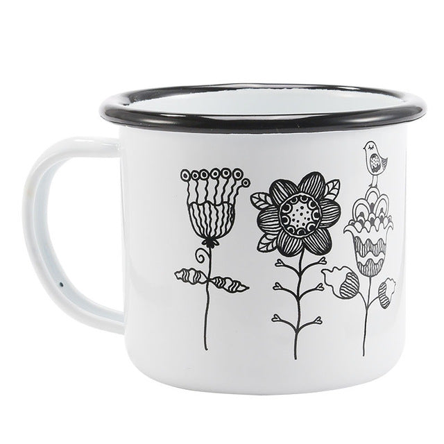 350 ml Enamel Coffee Mug Creative Animal Plant Breakfast Cup Black Roll Rim with Handgrip Milk Tea Cup