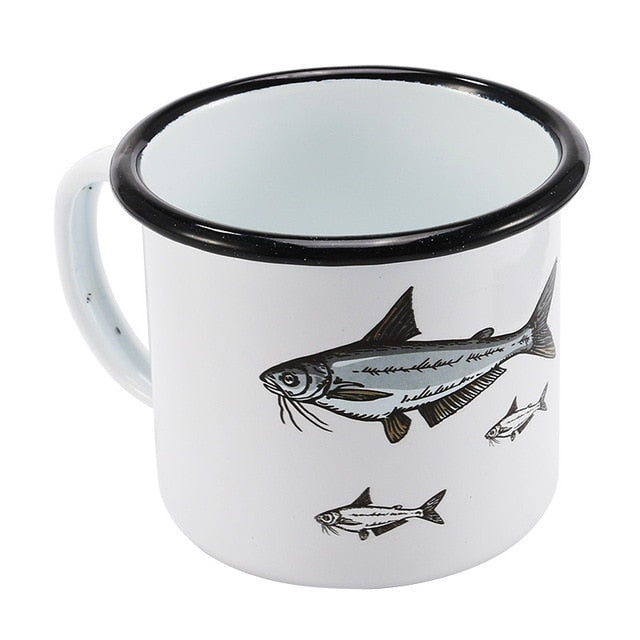 350 ml Enamel Coffee Mug Creative Animal Plant Breakfast Cup Black Roll Rim with Handgrip Milk Tea Cup