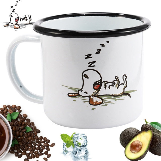 350 ml Enamel Coffee Mug Creative Animal Plant Breakfast Cup Black Roll Rim with Handgrip Milk Tea Cup