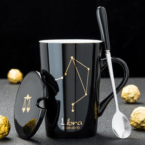 12 Constellations Creative Ceramic Mugs with Spoon Lid Black and Gold Porcelain Zodiac Milk Coffee Cup 420ML Water Drinkware