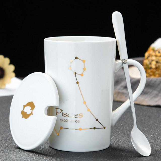 12 Constellations Creative Ceramic Mugs with Spoon Lid Black and Gold Porcelain Zodiac Milk Coffee Cup 420ML Water Drinkware