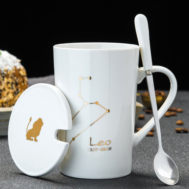 12 Constellations Creative Ceramic Mugs with Spoon Lid Black and Gold Porcelain Zodiac Milk Coffee Cup 420ML Water Drinkware