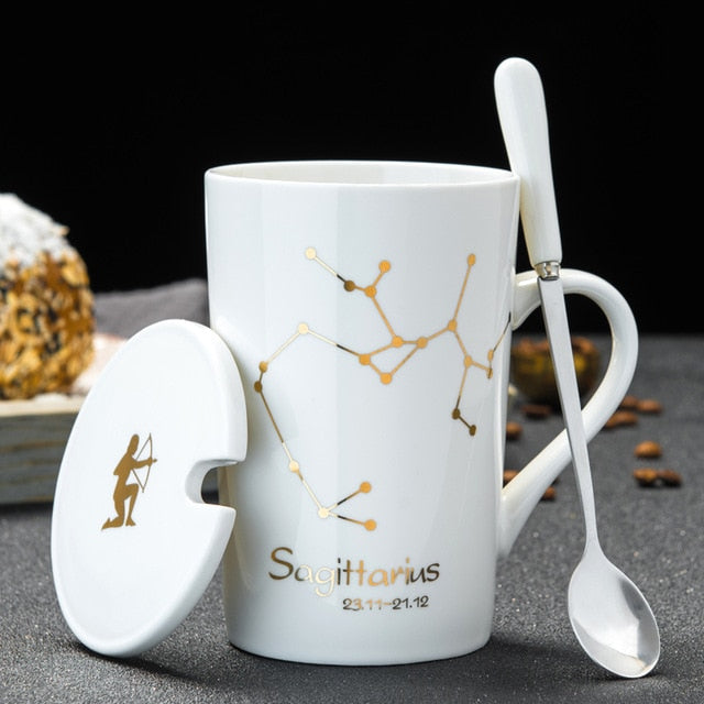 12 Constellations Creative Ceramic Mugs with Spoon Lid Black and Gold Porcelain Zodiac Milk Coffee Cup 420ML Water Drinkware