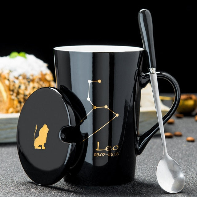 12 Constellations Creative Ceramic Mugs with Spoon Lid Black and Gold Porcelain Zodiac Milk Coffee Cup 420ML Water Drinkware