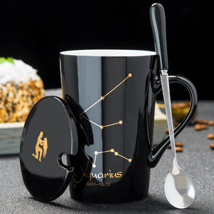 12 Constellations Creative Ceramic Mugs with Spoon Lid Black and Gold Porcelain Zodiac Milk Coffee Cup 420ML Water Drinkware