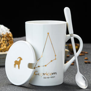 12 Constellations Creative Ceramic Mugs with Spoon Lid Black and Gold Porcelain Zodiac Milk Coffee Cup 420ML Water Drinkware