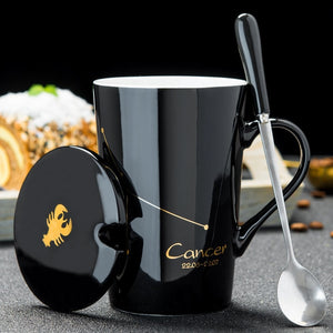 12 Constellations Creative Ceramic Mugs with Spoon Lid Black and Gold Porcelain Zodiac Milk Coffee Cup 420ML Water Drinkware