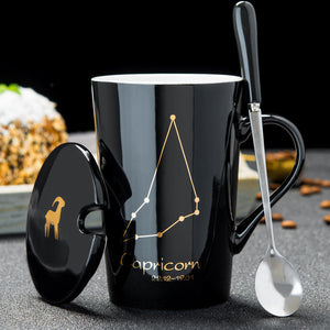 12 Constellations Creative Ceramic Mugs with Spoon Lid Black and Gold Porcelain Zodiac Milk Coffee Cup 420ML Water Drinkware