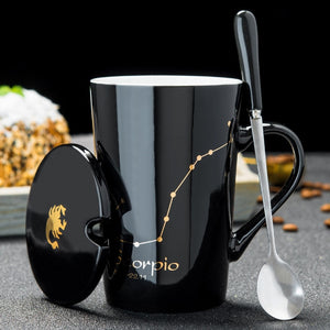 12 Constellations Creative Ceramic Mugs with Spoon Lid Black and Gold Porcelain Zodiac Milk Coffee Cup 420ML Water Drinkware