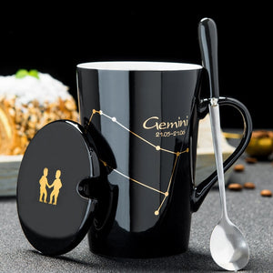 12 Constellations Creative Ceramic Mugs with Spoon Lid Black and Gold Porcelain Zodiac Milk Coffee Cup 420ML Water Drinkware