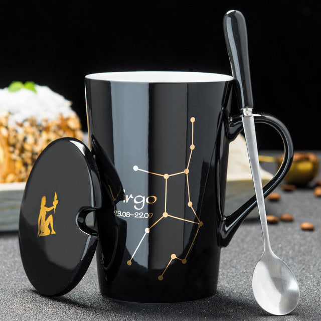 12 Constellations Creative Ceramic Mugs with Spoon Lid Black and Gold Porcelain Zodiac Milk Coffee Cup 420ML Water Drinkware