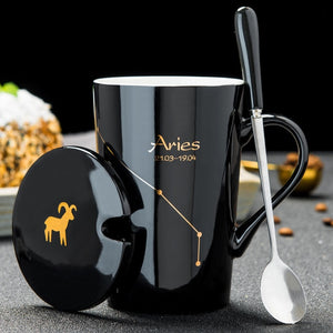 12 Constellations Creative Ceramic Mugs with Spoon Lid Black and Gold Porcelain Zodiac Milk Coffee Cup 420ML Water Drinkware