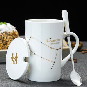 12 Constellations Creative Ceramic Mugs with Spoon Lid Black and Gold Porcelain Zodiac Milk Coffee Cup 420ML Water Drinkware