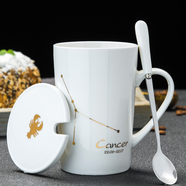 12 Constellations Creative Ceramic Mugs with Spoon Lid Black and Gold Porcelain Zodiac Milk Coffee Cup 420ML Water Drinkware