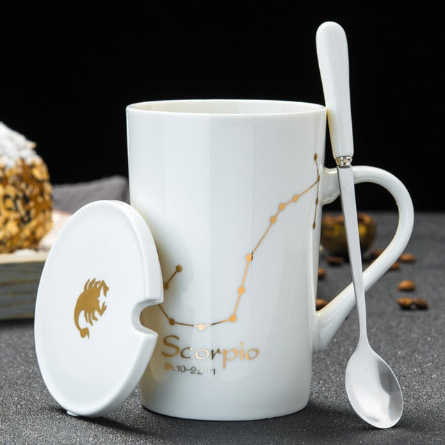 12 Constellations Creative Ceramic Mugs with Spoon Lid Black and Gold Porcelain Zodiac Milk Coffee Cup 420ML Water Drinkware