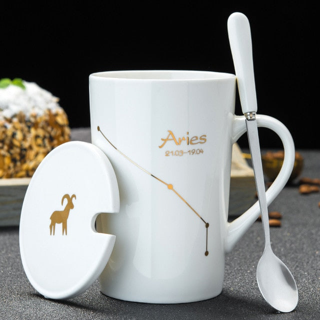 12 Constellations Creative Ceramic Mugs with Spoon Lid Black and Gold Porcelain Zodiac Milk Coffee Cup 420ML Water Drinkware