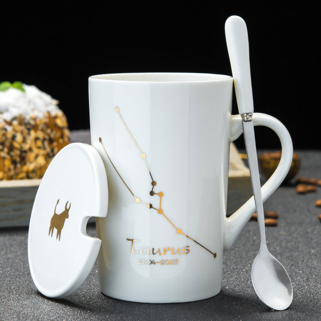 12 Constellations Creative Ceramic Mugs with Spoon Lid Black and Gold Porcelain Zodiac Milk Coffee Cup 420ML Water Drinkware