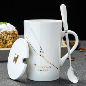 12 Constellations Creative Ceramic Mugs with Spoon Lid Black and Gold Porcelain Zodiac Milk Coffee Cup 420ML Water Drinkware