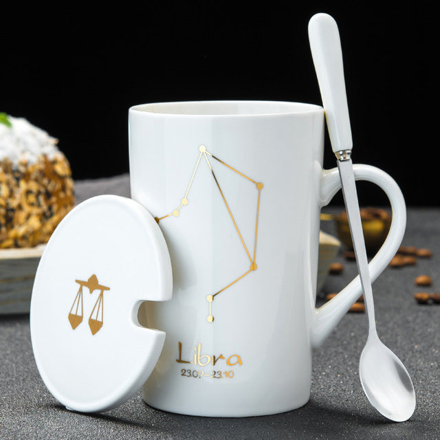 12 Constellations Creative Ceramic Mugs with Spoon Lid Black and Gold Porcelain Zodiac Milk Coffee Cup 420ML Water Drinkware