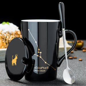 12 Constellations Creative Ceramic Mugs with Spoon Lid Black and Gold Porcelain Zodiac Milk Coffee Cup 420ML Water Drinkware