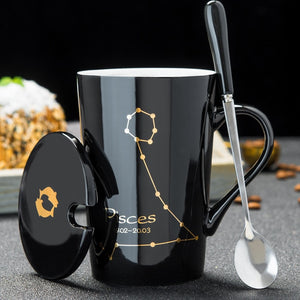 12 Constellations Creative Ceramic Mugs with Spoon Lid Black and Gold Porcelain Zodiac Milk Coffee Cup 420ML Water Drinkware