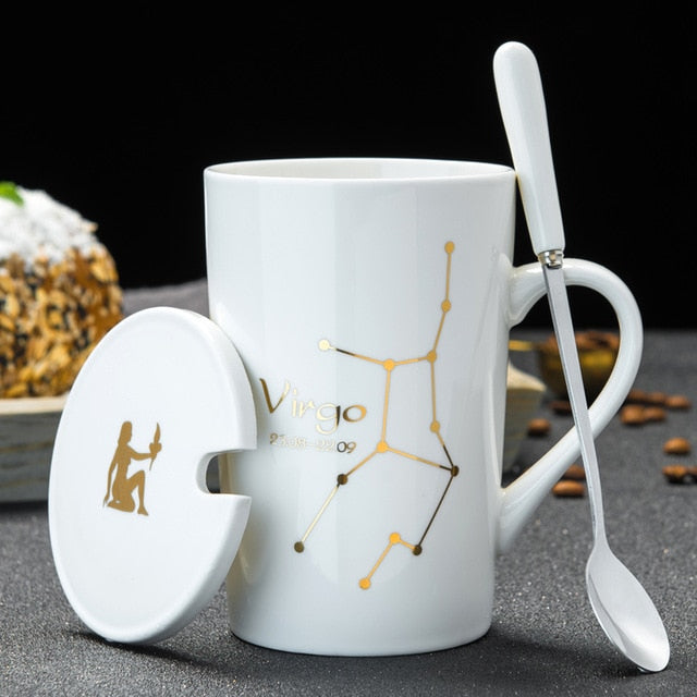 12 Constellations Creative Ceramic Mugs with Spoon Lid Black and Gold Porcelain Zodiac Milk Coffee Cup 420ML Water Drinkware