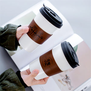 Creative Ceramic Mug With Leather Cup Cover Letter Flower Pattern Milk Coffee Portable Cups Household Office Drinkware 450ML